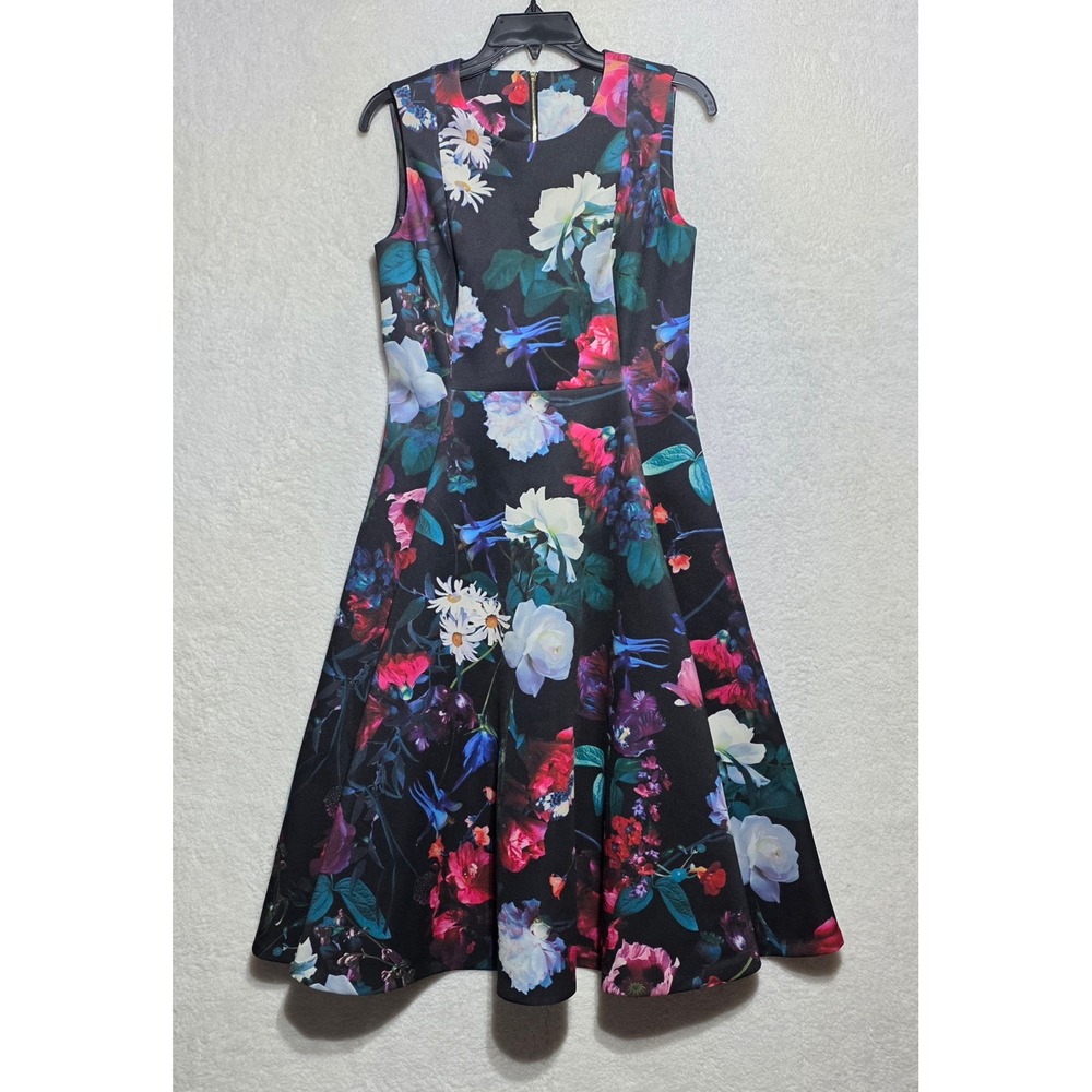 Calvin Klein Floral Fit and Flare Dress Black Multi Sleeveless Scuba Size Small